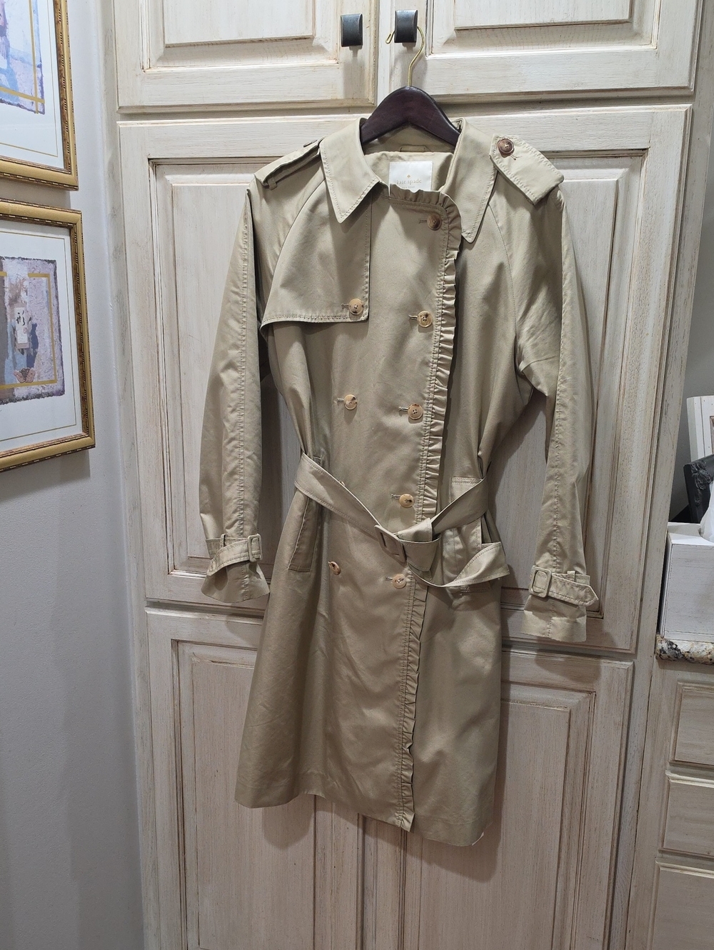 kate spade Beige Ruffle Double-Breasted Trench Coat